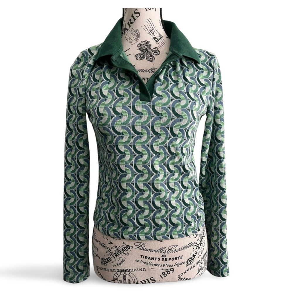Zara 90s Y2K Green Retro 70s Print Collared Top Size Small